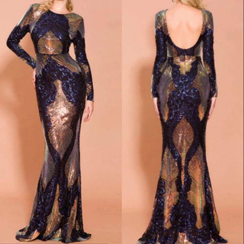 Elegant Backless Sequin Dress - Blue and Gold